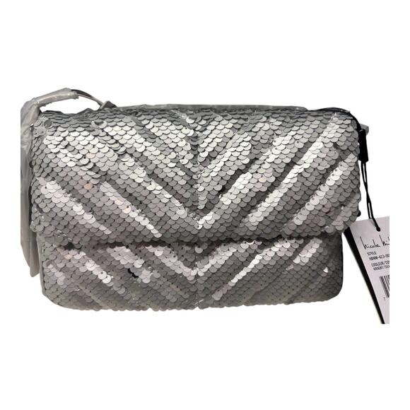 Nicole Miller Silver Sequin Crossbody Bag Chain Strap Convertible Clutch NWT - Picture 1 of 3